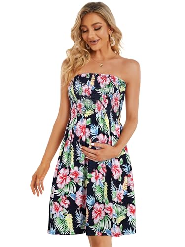 CHICGAL Summer Dresses for Women Beach Cover Ups Strapless Boho Floral Print Sundress (Navy Pink Flower,M) - Image 5