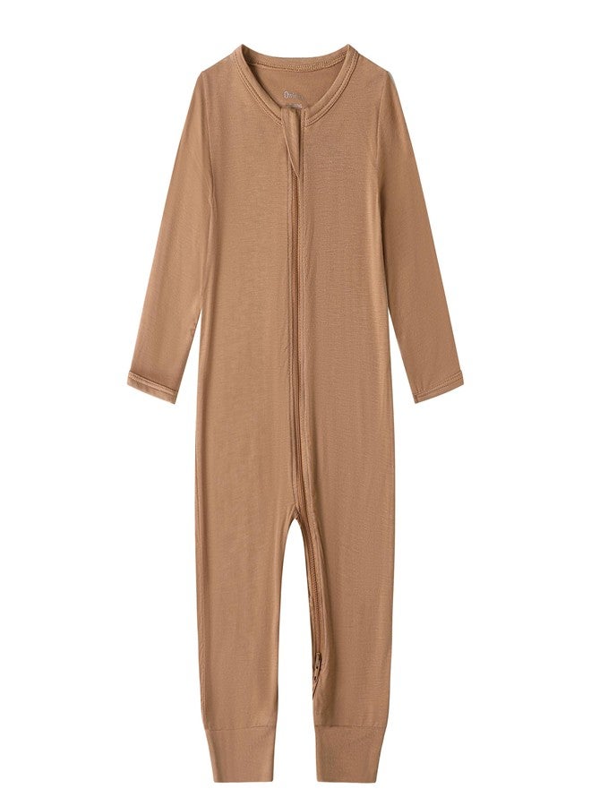 Owlivia Rayon Made from Bamboo Baby Footless Pajamas, Boys and Girls Zip up Sleep and Play, Long-Sleeve Coveralls(6-12 Months,Camels) - Image 1
