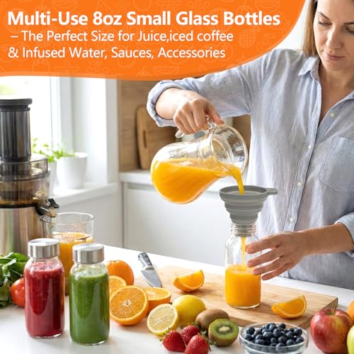 Luxfuel 8 oz Glass Water Bottles with Lids, 8 Pack Small Glass Juice Bottles with Stainless Steel Caps & Funnel, Leak-Proof Containers for Juicing, Milk, Ginger Shots, Smoothies, Wellness Drinks - Image 4