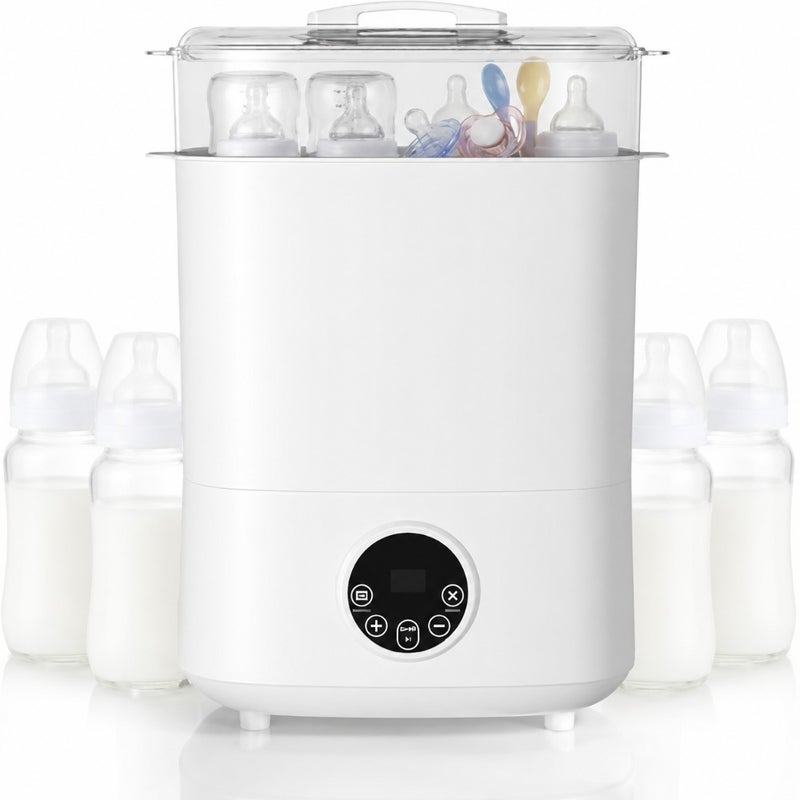 Baby Bottle Sterilizer and Dryer for Home Use, Stainless Steel, White, 5-in-1 Large Capacity with 2 Layers Steam Sterilization and Fast Drying - Image 1