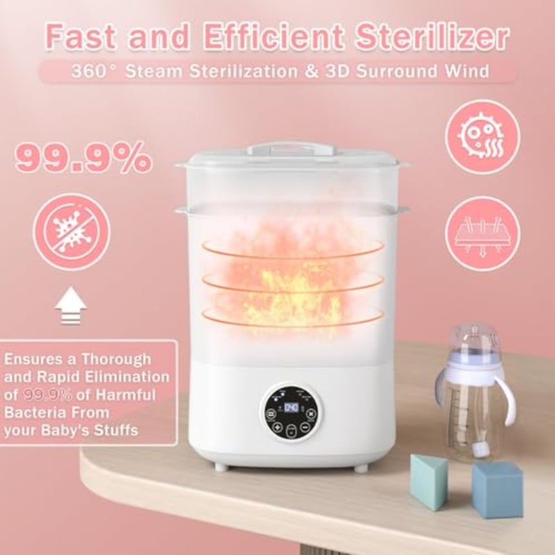 Baby Bottle Sterilizer and Dryer for Home Use, Stainless Steel, White, 5-in-1 Large Capacity with 2 Layers Steam Sterilization and Fast Drying - Image 2