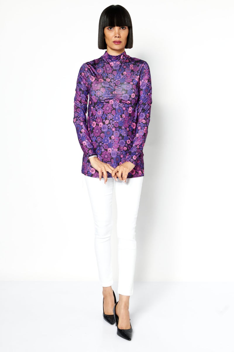 RIVER ISLAND Women Mock Neck Long Sleeves Floral Pattern Ruched Blouse, Pink - Image 2