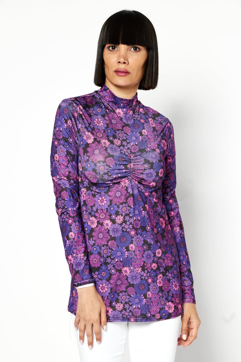 RIVER ISLAND Women Mock Neck Long Sleeves Floral Pattern Ruched Blouse, Pink - Image 1