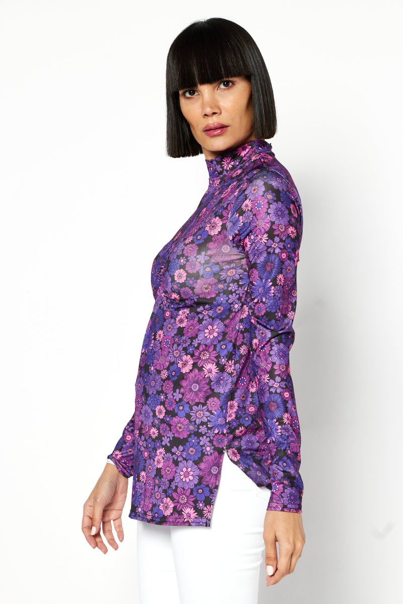 RIVER ISLAND Women Mock Neck Long Sleeves Floral Pattern Ruched Blouse, Pink - Image 4