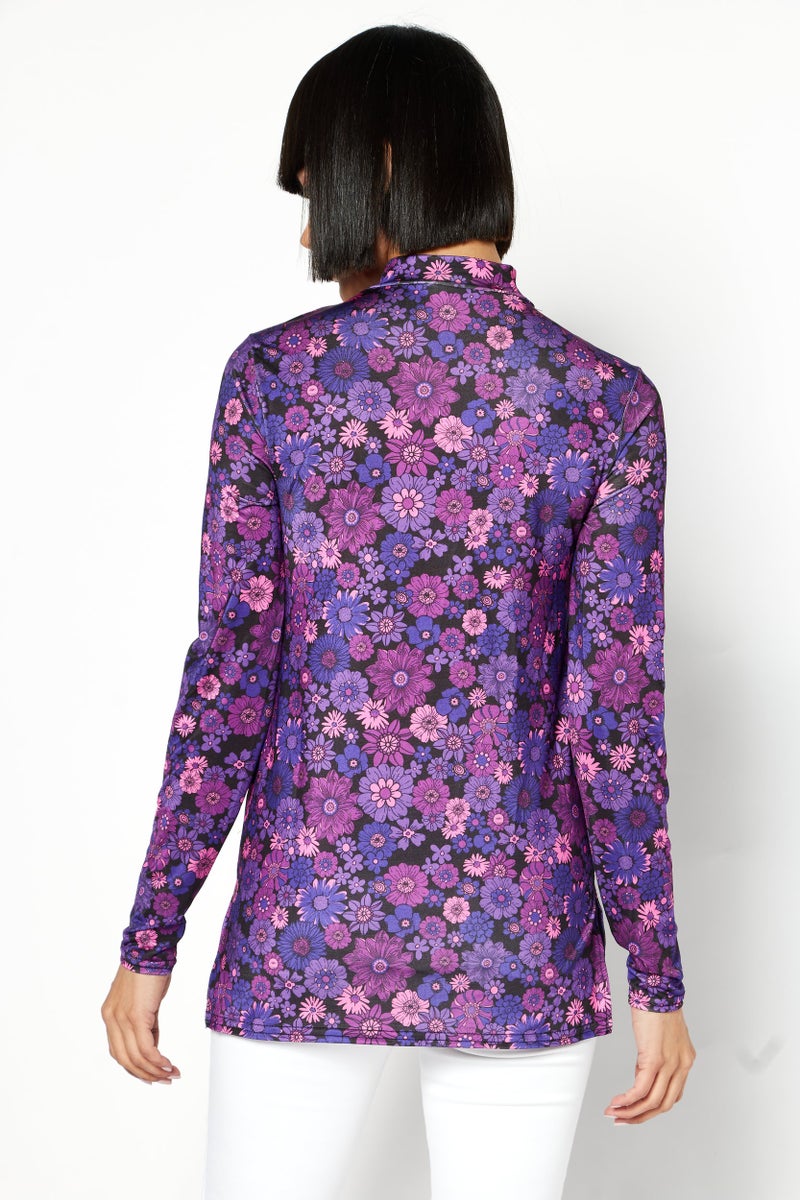 RIVER ISLAND Women Mock Neck Long Sleeves Floral Pattern Ruched Blouse, Pink - Image 3