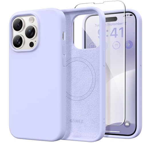 GONEZ Magnetic for iPhone 14 Pro Case, [Compatible with MagSafe] Anti-Scratch Microfiber Lining & Screen Protector, Shockproof Slim Phone Silicone Cover 6.1 inch, Lilac - Image 1