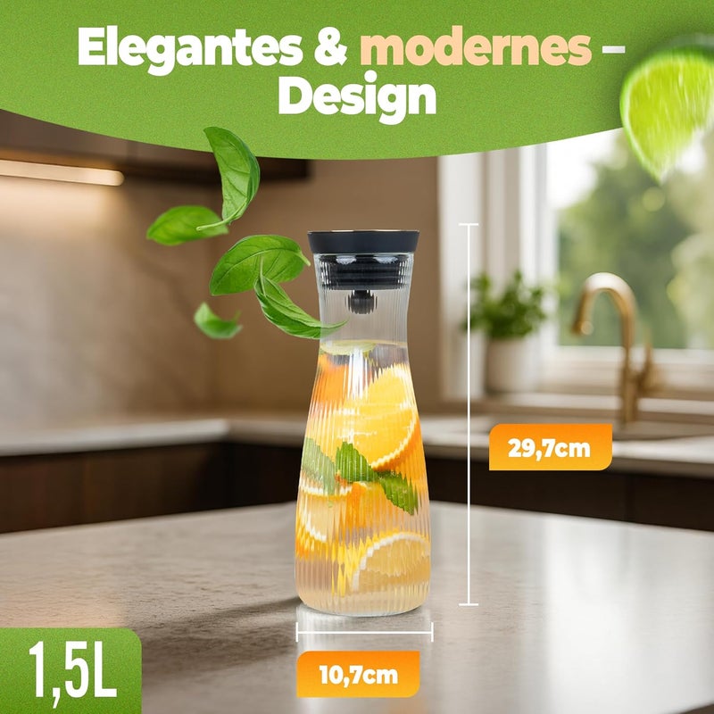 CLIDOR إبريق ماء بغطاء - 1.5 لتر، تصميم زجاجي شفاف أنيق، إبريق زجاجي بدون تقطير بغطاء زجاجي بوروسيليكات، إبريق ماء أنيق مع مصفاة، مثالي للماء والشاي والماء المنقوع (1500 مل) - Image 2