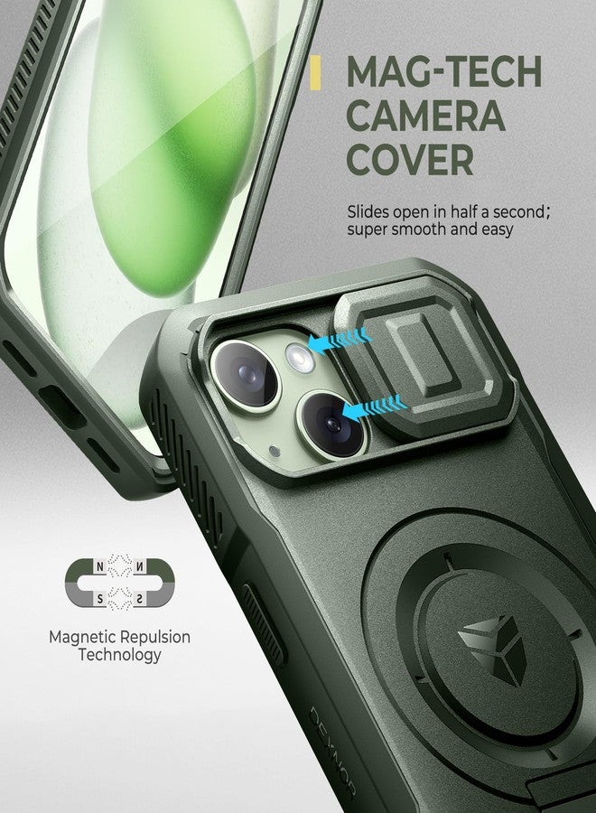Dexnor for iPhone 15 Case with Slide Camera Cover & Adjustable Kickstand & Built-in Screen Protector, Magnetic Rugged Shockproof Bumper Cases Heavy-duty Magnetic Protective Cover,Army Green - Image 4