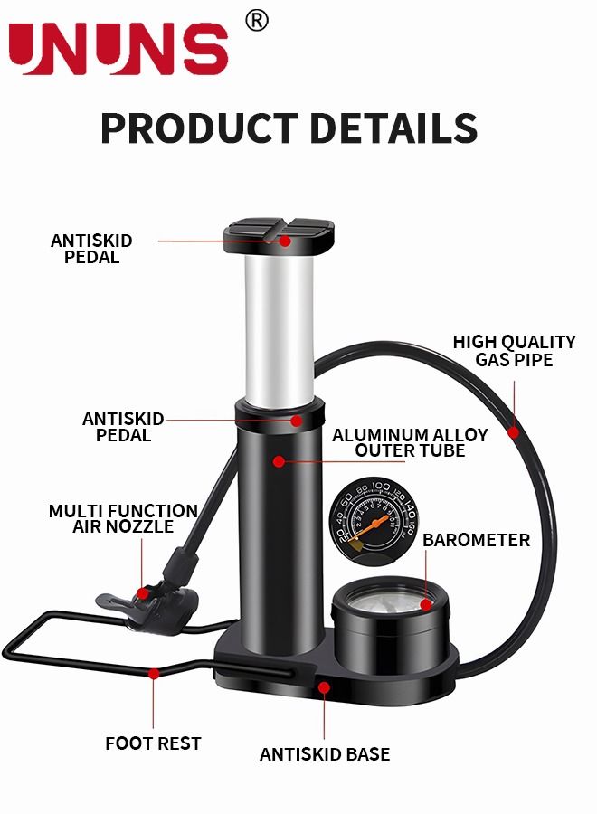 UNUNS Household Hand Pump Bike with Gauge Foot - Portable Bicycle Tire 160 PSI Air Multi-function Home for Basketball/Football/Motorcycles/Car - Image 3