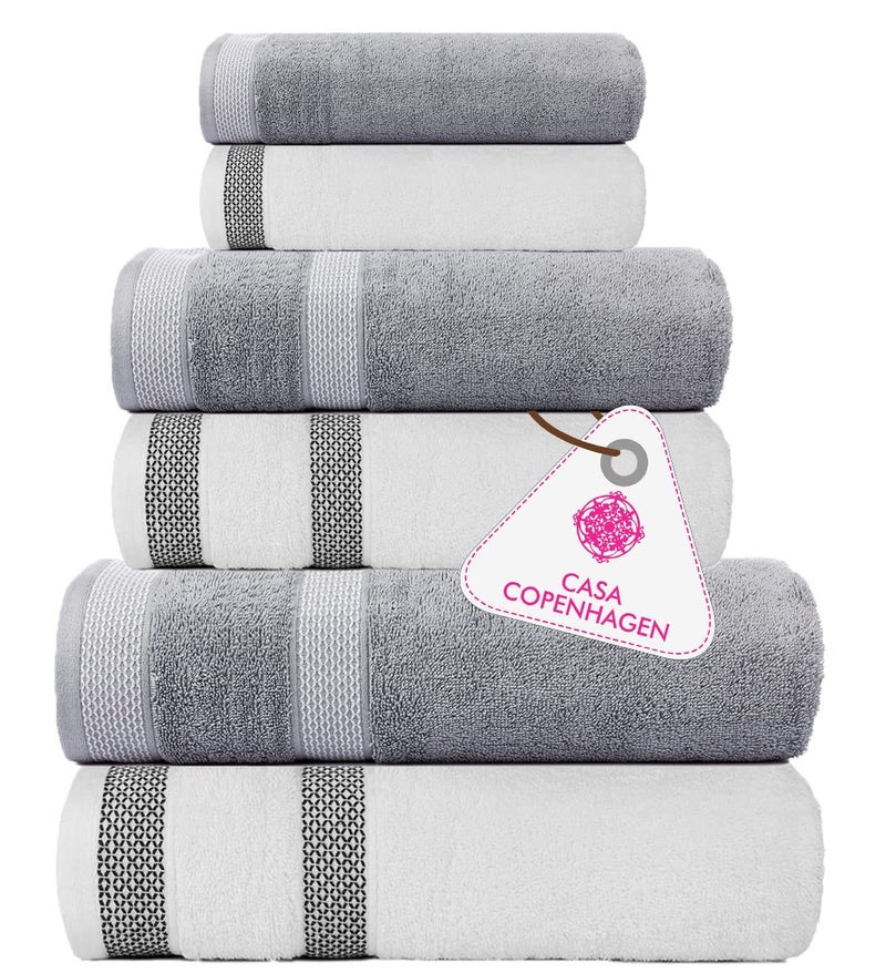 CASA COPENHAGEN Solitaire Mix 6 Pieces Towel Set White  Grey Violet 600 GSM 2Bath Towel 2Hand Towel 2Washcloth Designed in Denmark Made of Soft Egyptian Cotton for Bathroom Kitchen  Shower