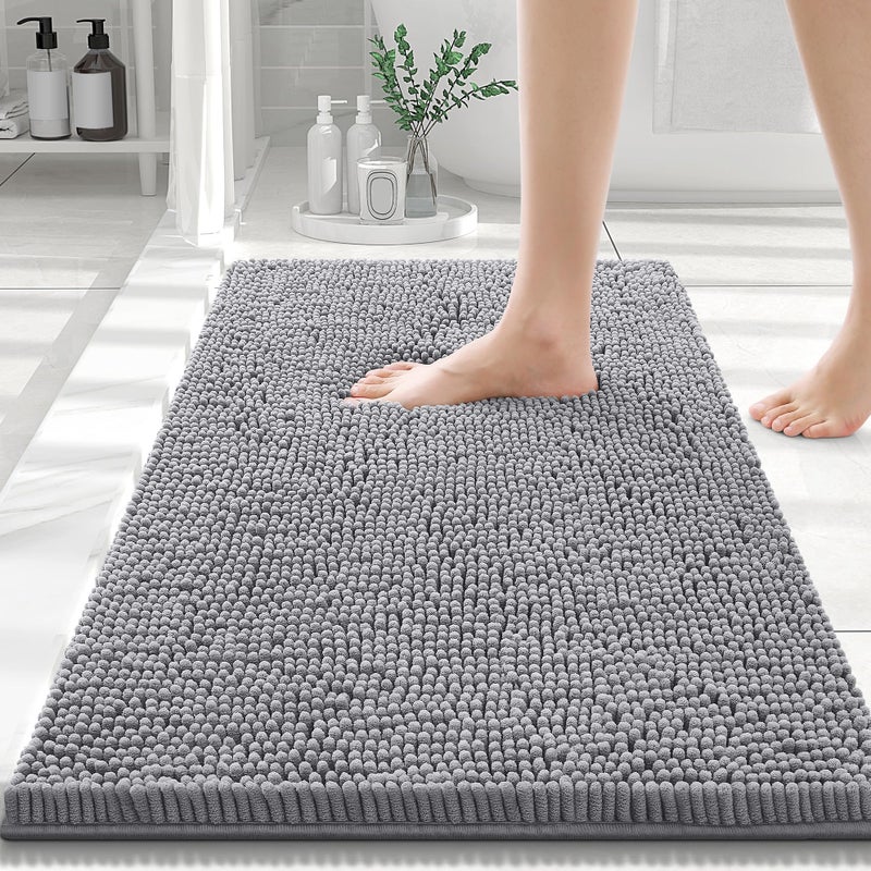 Smiry Luxury Chenille Bath Rug 30x20 Extra Soft and Absorbent Shaggy Bathroom Mat Rugs Machine Washable NonSlip Plush Carpet Runner for Tub Shower and Bath Room Grey