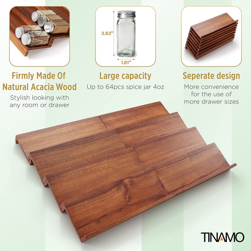 Tinamo Acacia Wooden Spice Rack Organizer for Cabinet - Spice Drawer Insert, Spice Organization for Cabinet, Seasoning Organizer, 4-Tier Spice Jar Rack for Drawer, Spice Holder Pack of 8 (64 Jars) - Image 4