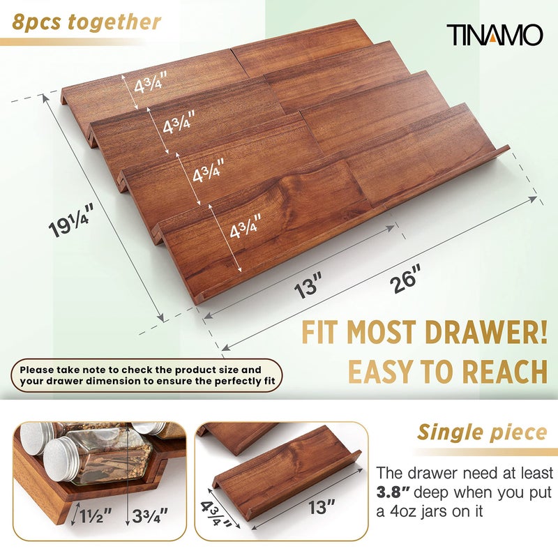 Tinamo Acacia Wooden Spice Rack Organizer for Cabinet - Spice Drawer Insert, Spice Organization for Cabinet, Seasoning Organizer, 4-Tier Spice Jar Rack for Drawer, Spice Holder Pack of 8 (64 Jars) - Image 5