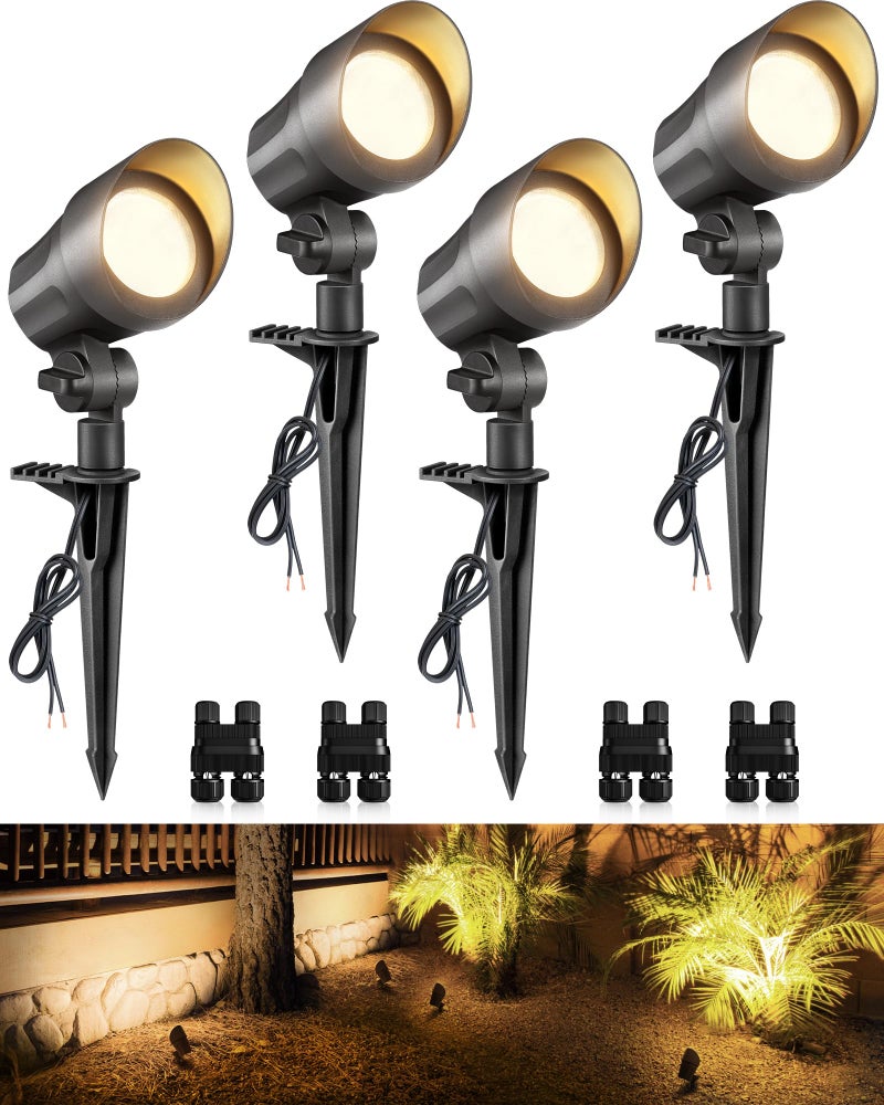 SUNVIE 6W Low Voltage Landscape Lighting LED Landscaping Lights Warm White Low Voltage Lighting Waterproof Landscape Spotlights with Connectors Spot Lights Outdoor for Tree Wall Pathway Yard, 4 Pack - Image 1