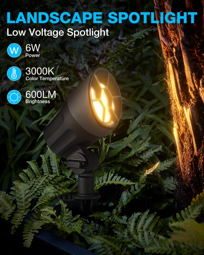 SUNVIE 6W Low Voltage Landscape Lighting LED Landscaping Lights Warm White Low Voltage Lighting Waterproof Landscape Spotlights with Connectors Spot Lights Outdoor for Tree Wall Pathway Yard, 4 Pack - Image 2