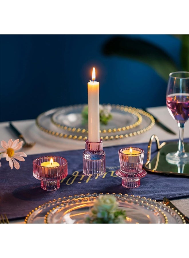 DUNISO 3Pcs Candle Holders，Glass Candle Holders for Taper Candles,Pillar Candles and Tealight Candles,for Table Centerpieces, Wedding Decor and Dinner Party ，Pink  - Image 5
