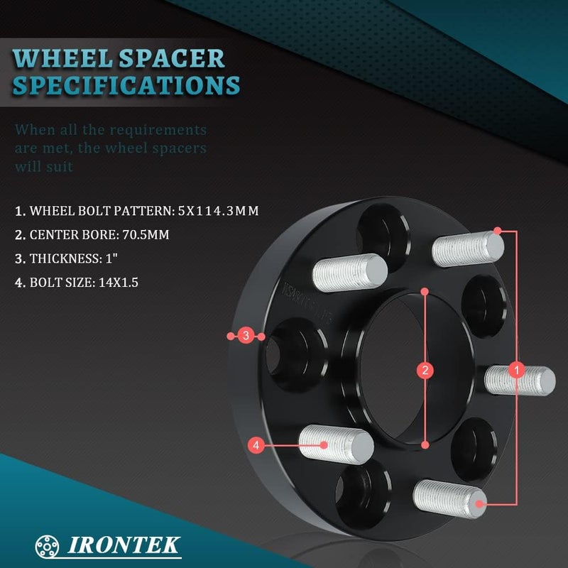 IRONTEK 1in Hubcentric Wheel Spacers 5x114.3mm for Ford Mustang (2015-2021) - Black, 2 Pieces - Image 3