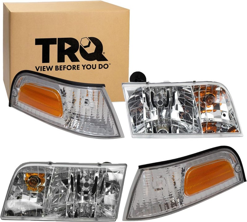 TRQ 4 Piece Headlight and Corner Light Assembly Set for 1998-2011 Ford Crown Victoria - Image 1