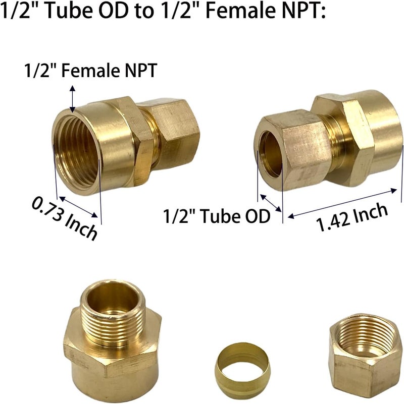 Bumugufu 3 Pcs Brass Compression Union Connector, 1/2" Tube OD to 1/2" Female NPT Compression Tube Fitting for Oil, Gas, and Non-potable Water - Image 2