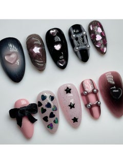 JOSQUEWNN Press on nails,24-Piece Cool and Trendy Nail Art with Heart Ombre Design, Almond-Shaped Fake Nails Featuring Bow and Star Elements, Showcasing Your Unique Style and Personality!Fake Acrylic Nails With Glue Kit.  - Image 1