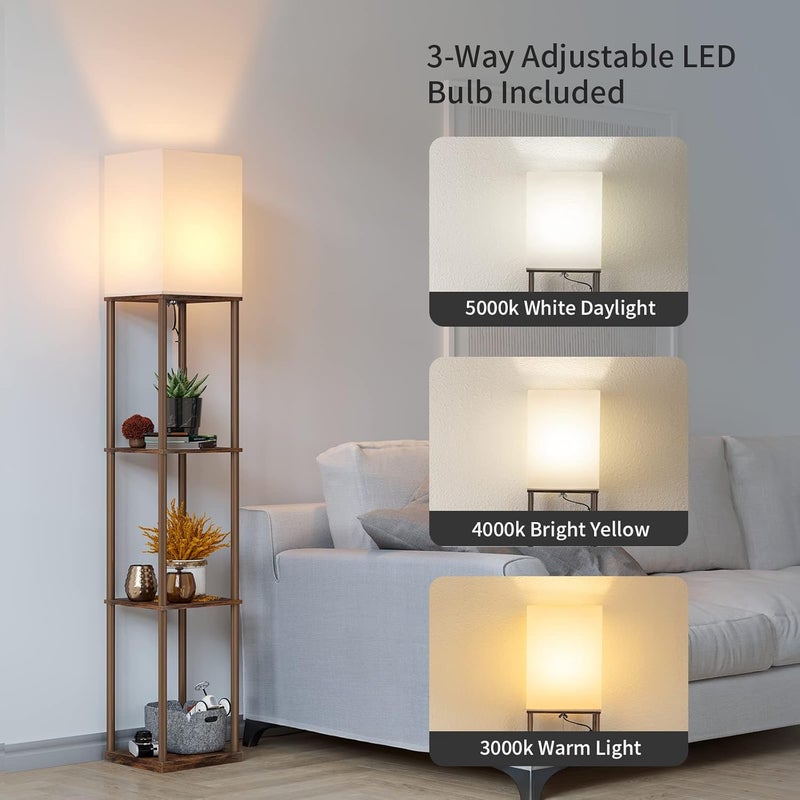 SUNMORY Floor Lamp with Shelves, Modern Square Standing Lamp with 3 Color Temperature Bulb, Corner Display Bookshelf Lamp for Living Room and Bedroom (Rustic Brown) - Image 2