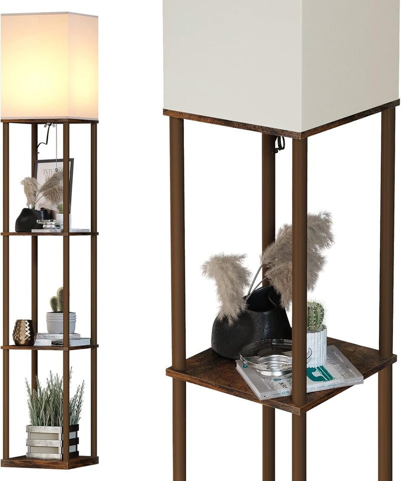 SUNMORY Floor Lamp with Shelves, Modern Square Standing Lamp with 3 Color Temperature Bulb, Corner Display Bookshelf Lamp for Living Room and Bedroom (Rustic Brown) - Image 1