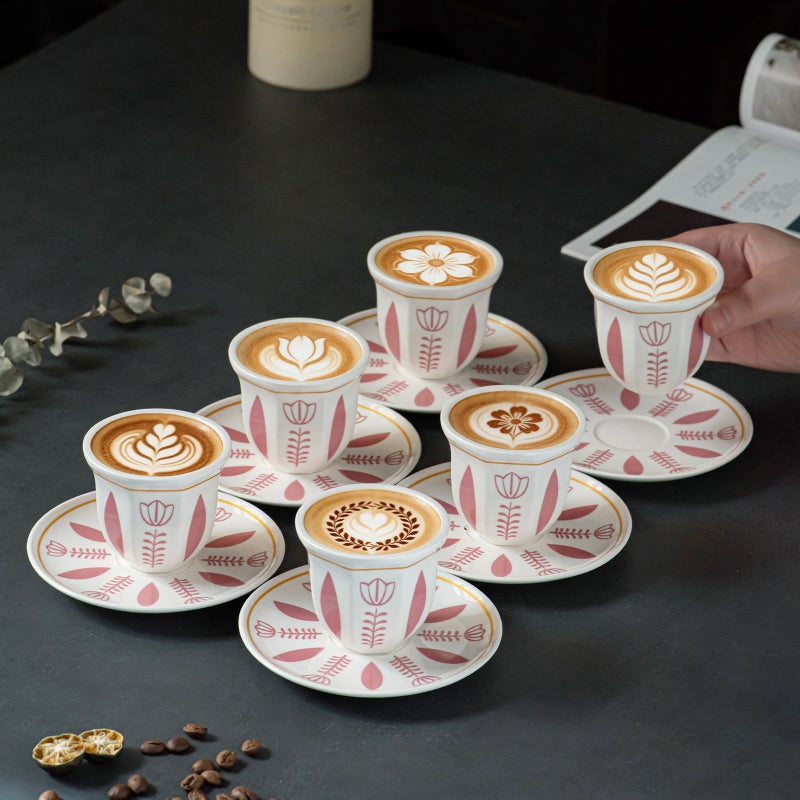 6pcs Saudi Arabic Coffee Cup Set with Saucers,Premium Ceramic Espresso Cups, TraditionalMiddle Eastern Tea & Coffee Drinkware,Elegant Small Cups for Dallah Coffee, TurkishChai, Ramadan Eid Gift Home  Decor - Image 1