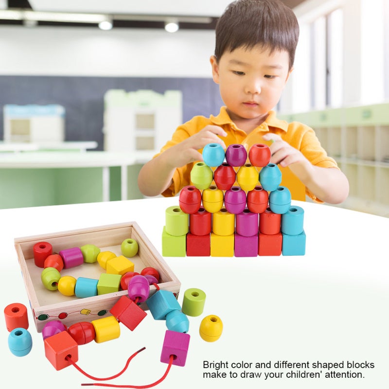 Wooden Threading Toy - Non-Toxic Smooth Wooden Blocks Bright Color Shape Recognition Toy for Toddler Early Childhood Development - Sensory Play Educational Beads for Hand Eye Coordination - Image 2