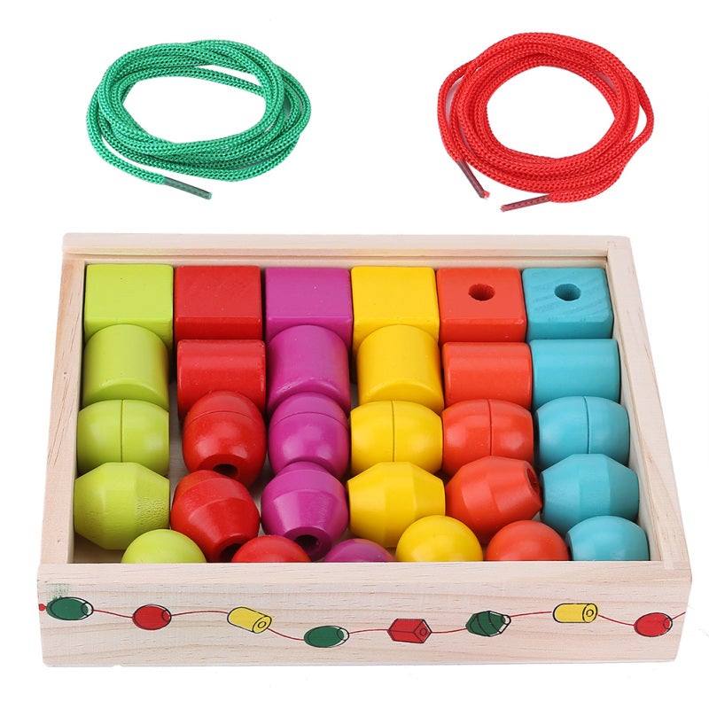 Wooden Threading Toy - Non-Toxic Smooth Wooden Blocks Bright Color Shape Recognition Toy for Toddler Early Childhood Development - Sensory Play Educational Beads for Hand Eye Coordination - Image 4
