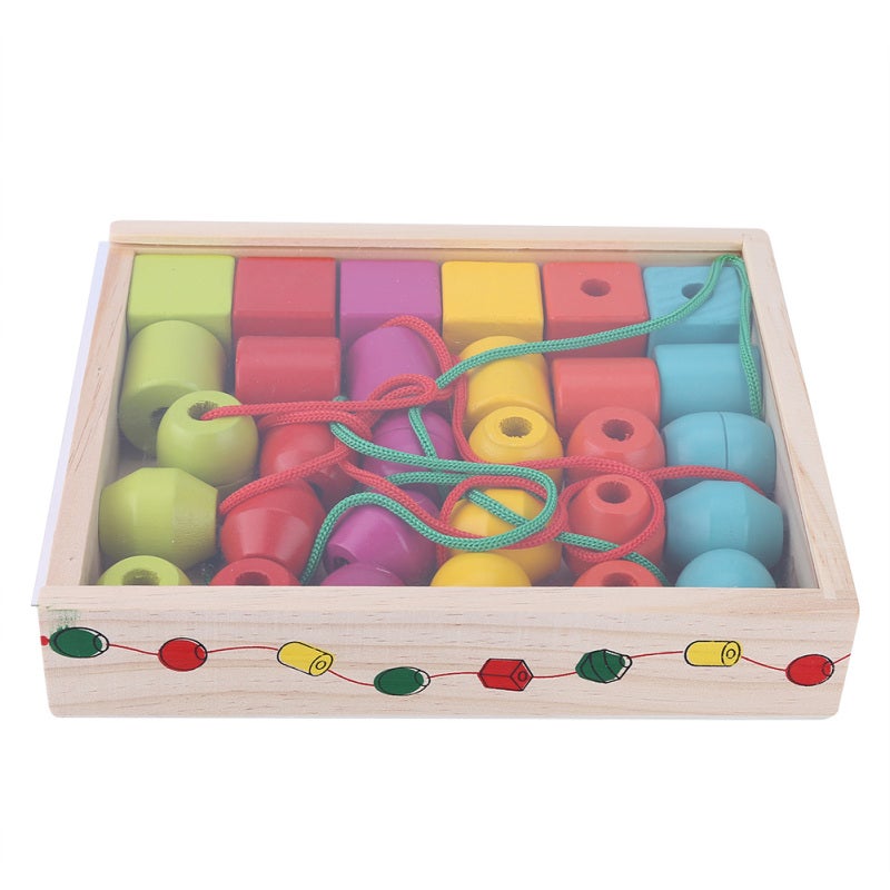 Wooden Threading Toy - Non-Toxic Smooth Wooden Blocks Bright Color Shape Recognition Toy for Toddler Early Childhood Development - Sensory Play Educational Beads for Hand Eye Coordination - Image 1
