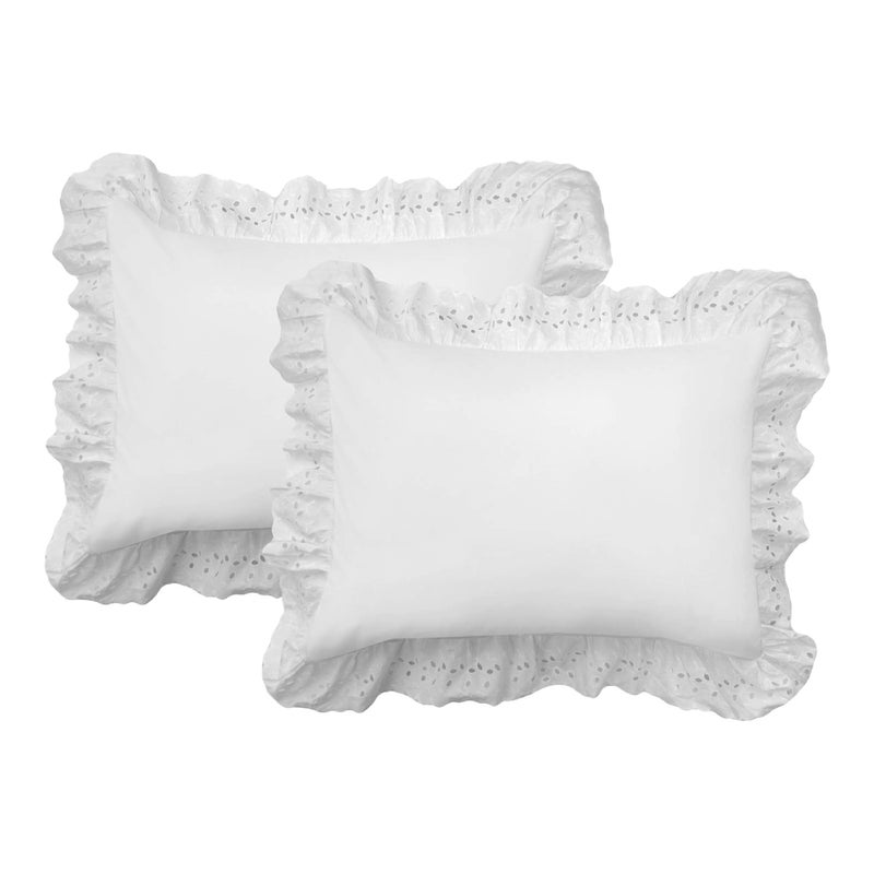 FRESH IDEAS Ruffled Bed Pillow Shams with Embroidered Eyelet Detail, Standard, White, 2-Pack - Image 1