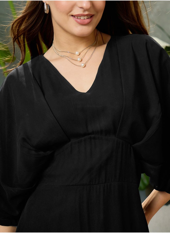 SASSAFRAS Solid V-Neck Kimono Sleeve Maxi Dress  - Image 4