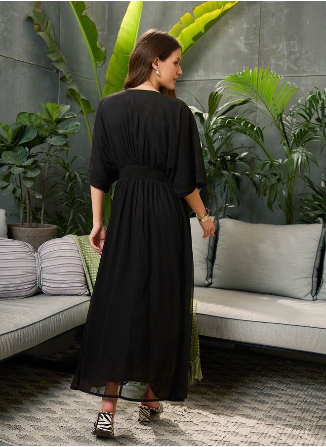 SASSAFRAS Solid V-Neck Kimono Sleeve Maxi Dress  - Image 5