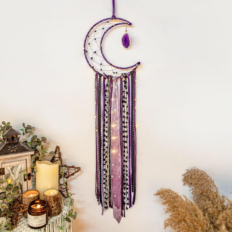 ANROYE Witchy Crescent Moon Dream Catcher with Purple Agate, Witch Pagan Woven Wall Hanging Dreamcatcher with Light, Gothic Wiccan Hippie Decor with Ornament Decoration Women Gift for Bedroom Christmas - Image 1