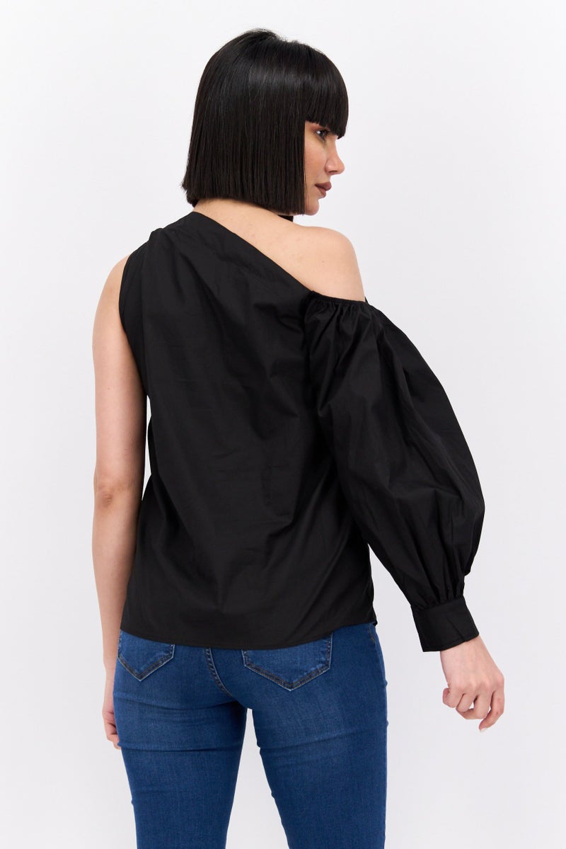 In the style بلوزة نسائية بكتف واحد غير متماثل بأكمام عادية، سوداء - Image 4