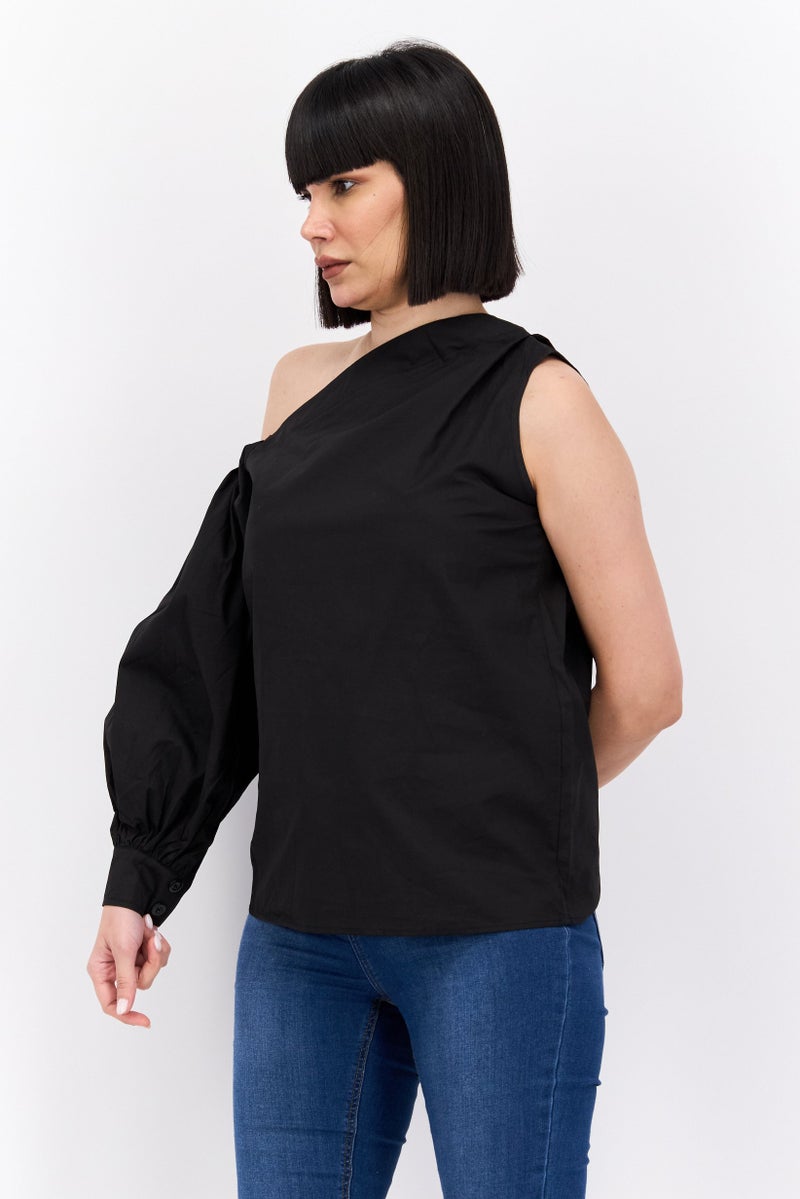 In the style بلوزة نسائية بكتف واحد غير متماثل بأكمام عادية، سوداء - Image 3