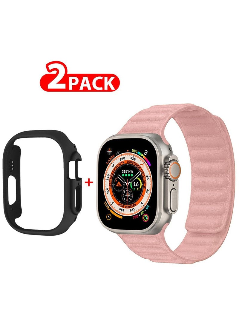 CATANES - 2 Packs For Apple Watch Band 49mm Leather Link Strap Magnetic Loop Bracelet and Black Cup Holder Light Pink - Image 1