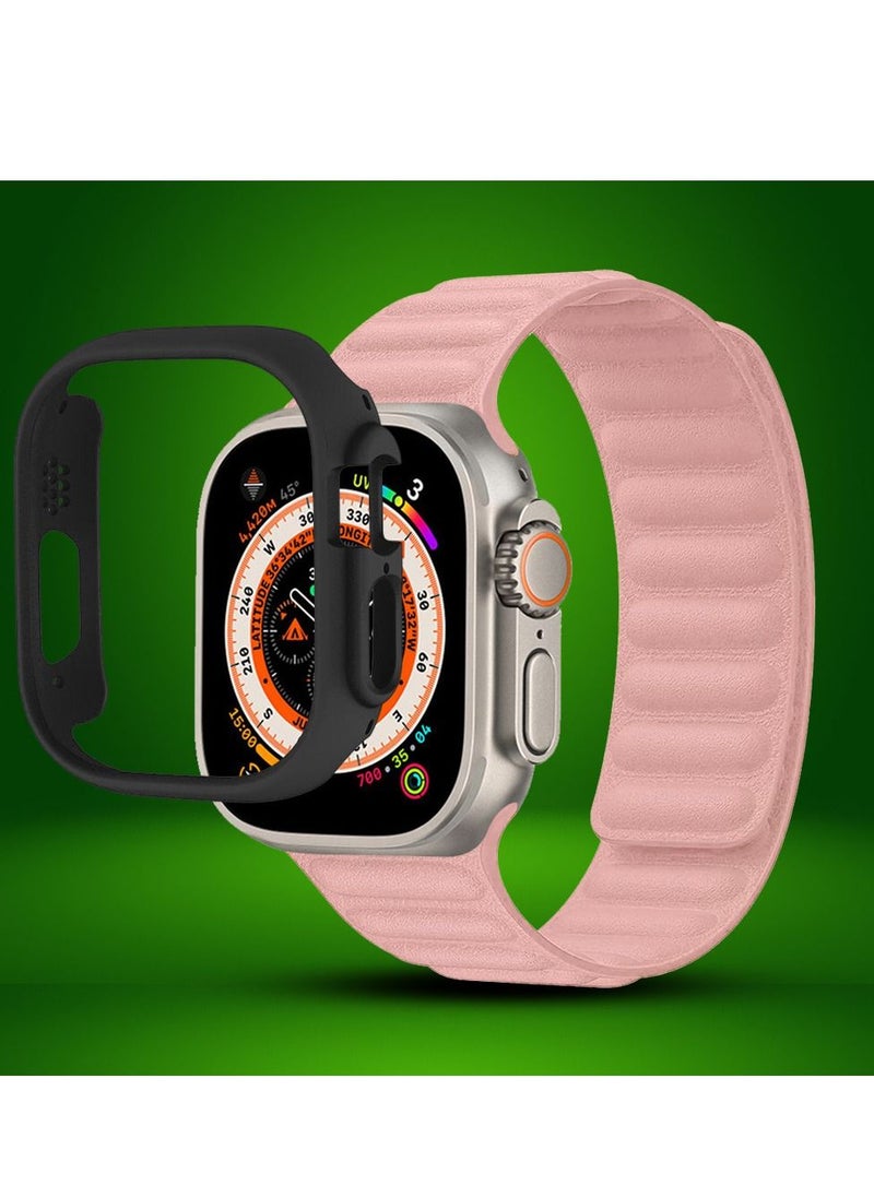 CATANES - 2 Packs For Apple Watch Band 49mm Leather Link Strap Magnetic Loop Bracelet and Black Cup Holder Light Pink - Image 1
