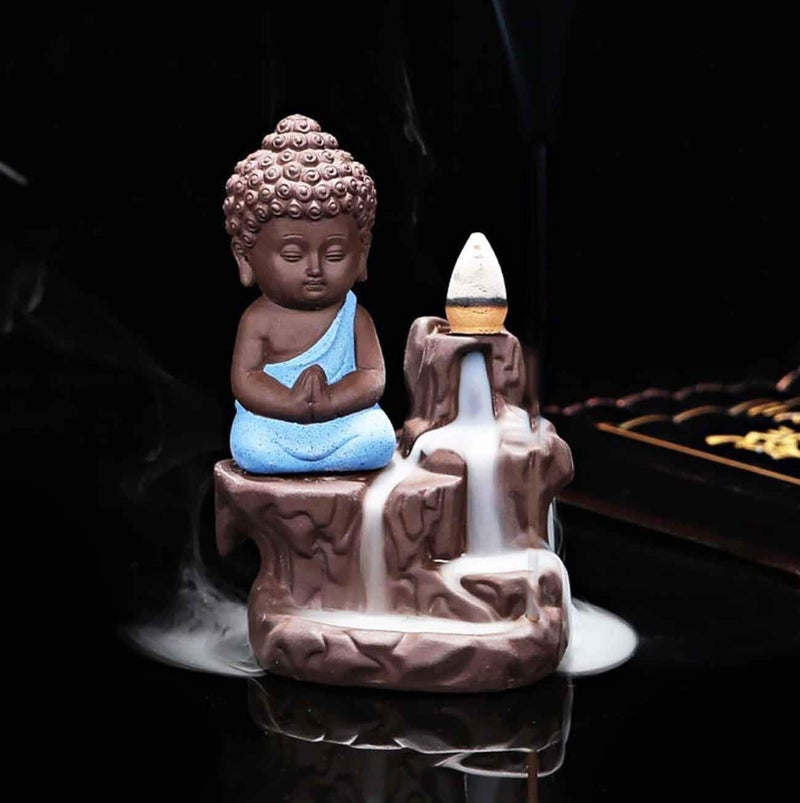 CRAFTAM Meditating Monk Buddha Smoke Backflow Fountain Cone Incense Holder Decorative Showpiece with Free 10 Smoke Backflow Scented Cone Incense (Blue) - Image 1