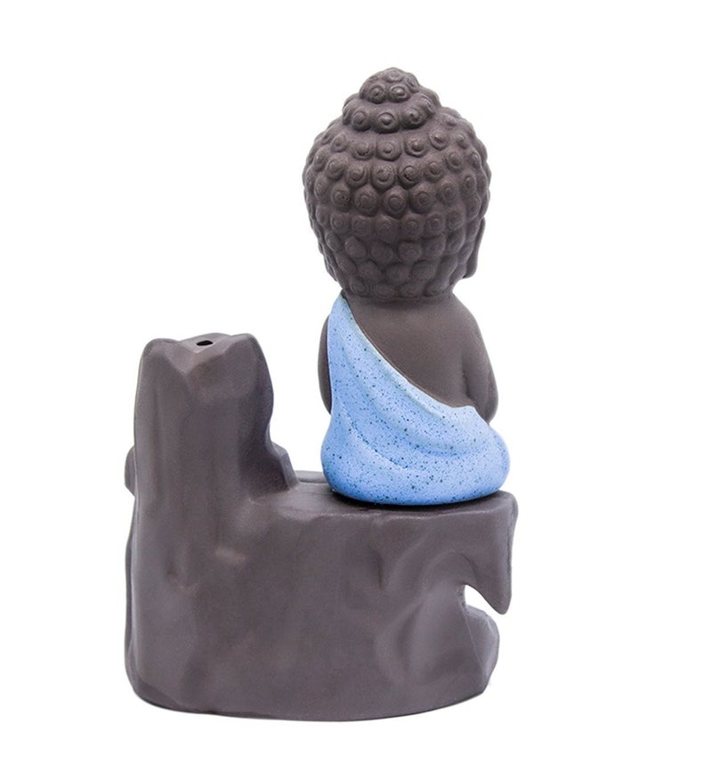 CRAFTAM Meditating Monk Buddha Smoke Backflow Fountain Cone Incense Holder Decorative Showpiece with Free 10 Smoke Backflow Scented Cone Incense (Blue) - Image 3