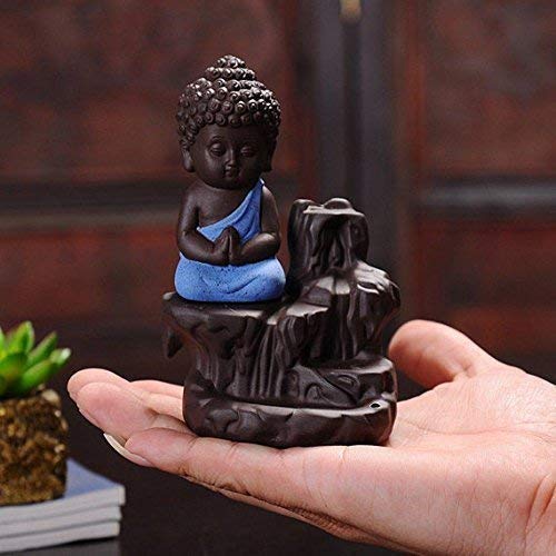 CRAFTAM Meditating Monk Buddha Smoke Backflow Fountain Cone Incense Holder Decorative Showpiece with Free 10 Smoke Backflow Scented Cone Incense (Blue) - Image 4