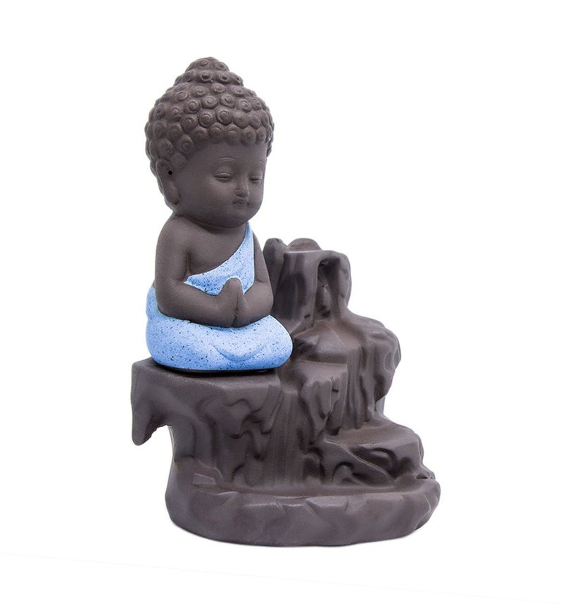 CRAFTAM Meditating Monk Buddha Smoke Backflow Fountain Cone Incense Holder Decorative Showpiece with Free 10 Smoke Backflow Scented Cone Incense (Blue) - Image 2