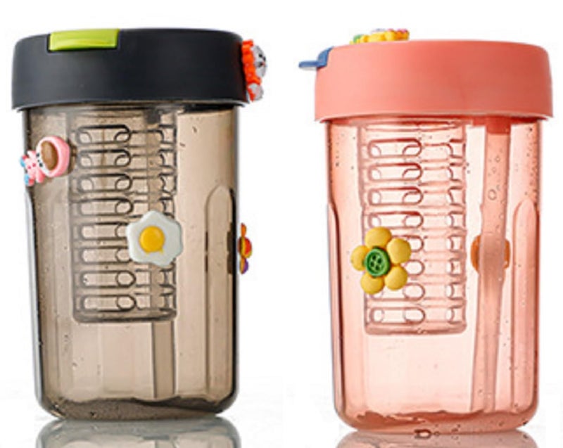 IndusBay® Pack of 2, 400 ML Cute Infuser Sipper Mug Bottle with Silicon Straw, BPA Free Fruit Infuser Bottle Return Gifting for kids Leak proof Bottle for Kids Assorted Color - Image 1
