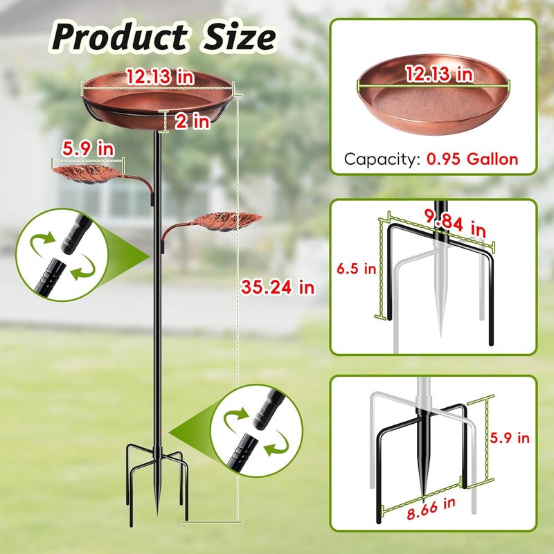 DRQ 35'' Metal Bird Bath for Outside, 12'' Dia × 2'' Deep Birdbath Bowl, Bird Feeder with 6.5'' 5-Pronged Base for Garden Decor, Patio, Yard, Lawn – Vintage Brown - Image 2