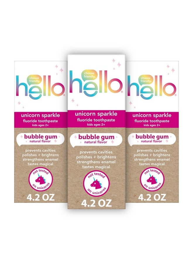 Hello Unicorn Sparkle Kids Fluoride Toothpaste, Natural Bubble Gum Flavor, Ada Approved, Ages 2+, No Artificial Sweeteners, No Sls, Gluten Free, Vegan, Pack Of 3, 4.2 Oz Tubes 