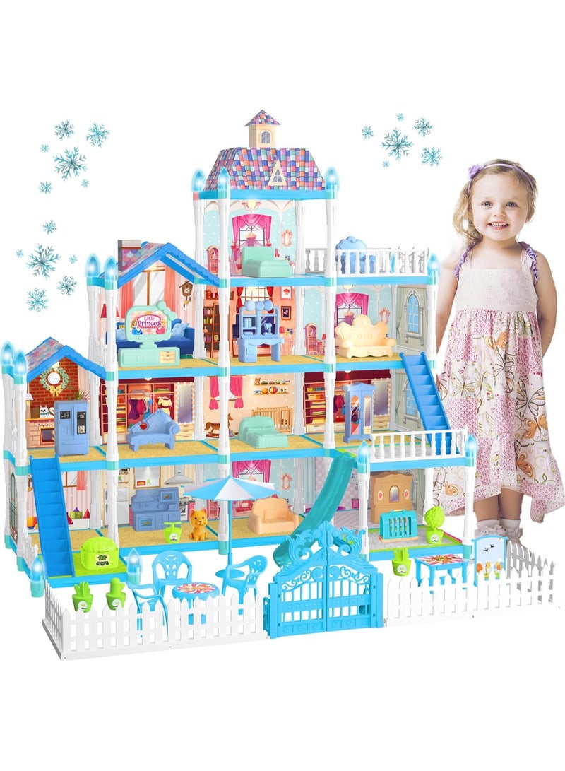 Dollhouse Dream House for Girls Pretend Toys 4 Story 13 Rooms Dollhouse with Dolls Figure, Puppies ,Furnitures, Accessories, LED Light, Toddler Playhouse Gift(Blue)  - Image 5