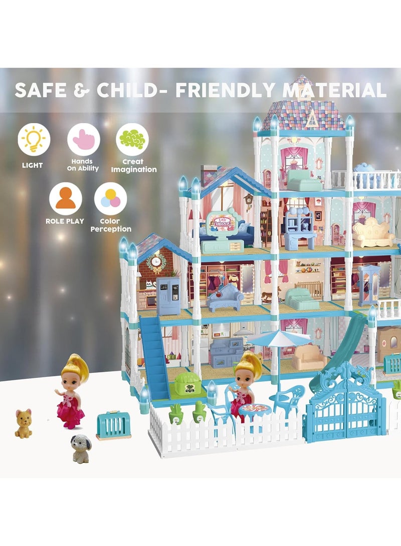 Dollhouse Dream House for Girls Pretend Toys 4 Story 13 Rooms Dollhouse with Dolls Figure, Puppies ,Furnitures, Accessories, LED Light, Toddler Playhouse Gift(Blue)  - Image 2
