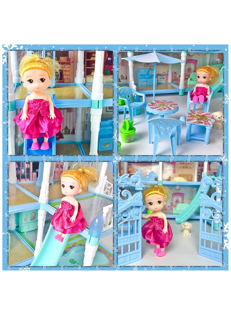 Dollhouse Dream House for Girls Pretend Toys 4 Story 13 Rooms Dollhouse with Dolls Figure, Puppies ,Furnitures, Accessories, LED Light, Toddler Playhouse Gift(Blue)  - Image 3