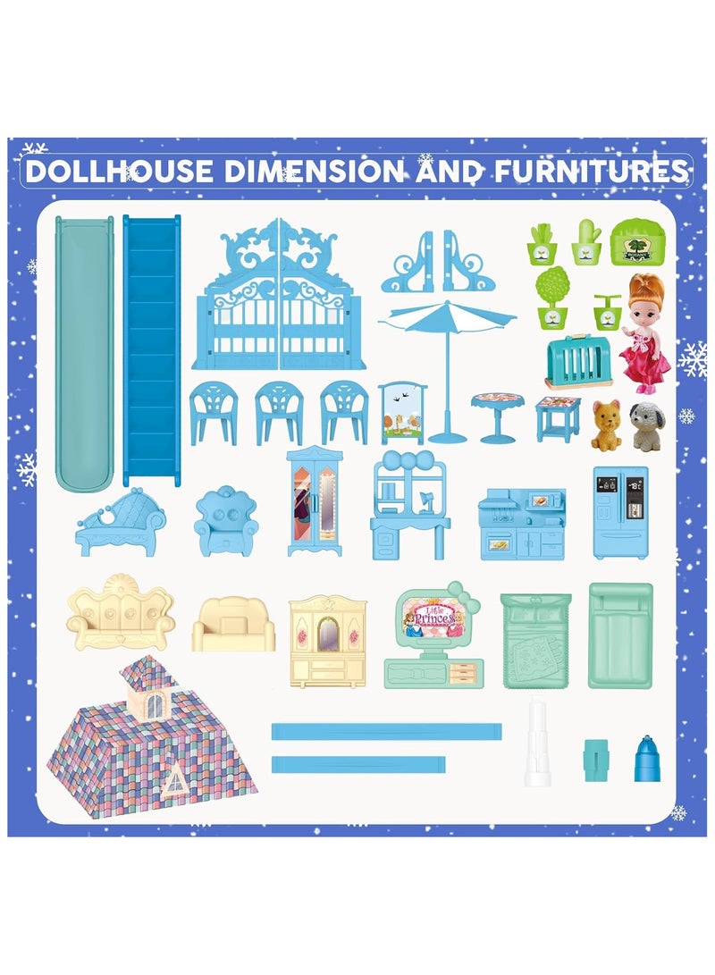 Dollhouse Dream House for Girls Pretend Toys 4 Story 13 Rooms Dollhouse with Dolls Figure, Puppies ,Furnitures, Accessories, LED Light, Toddler Playhouse Gift(Blue)  - Image 4