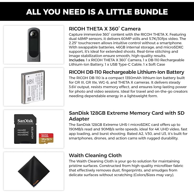 RICOH Theta X 360 Camera  5.7K Video & Dual 48MP Sensor for Immersive Content Creation with Extra DB-110 Rechargeable Battery, 128GB Extreme Memory Card and Waith Cleaning Cloth Bundle Set - Image 2